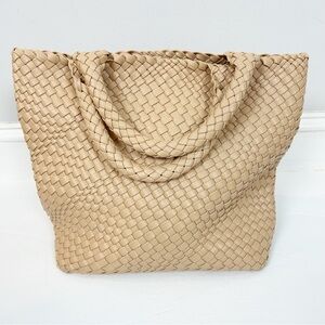 Tan Woven Tote Bag with Basketweave Design